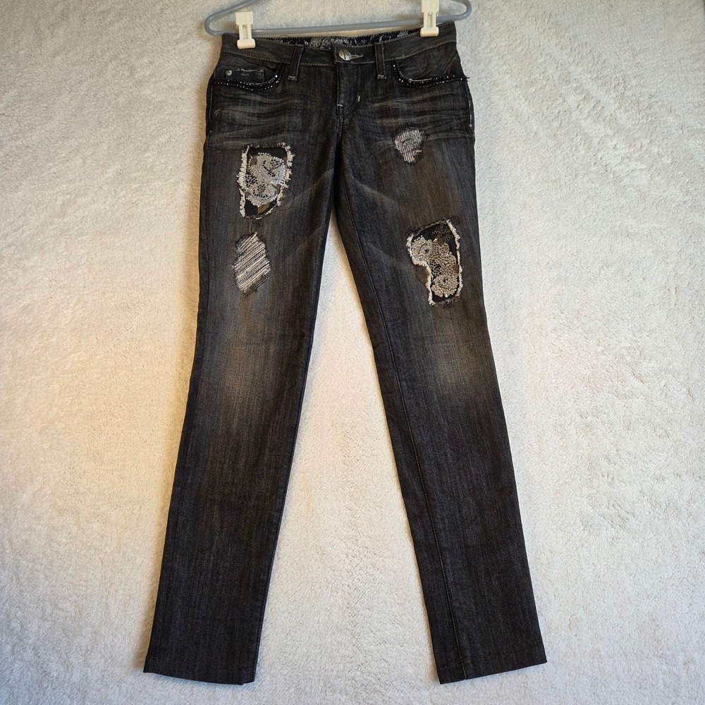 Guess Marciano Jean Womens Blk Distressed Rhinestone Skinny Jeans Size 25 Waist